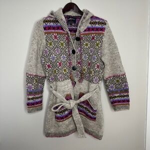 Lost‎ Horizons Women's Handknit 100% Wool Fair Isle Hooded Cardigan Sweater M